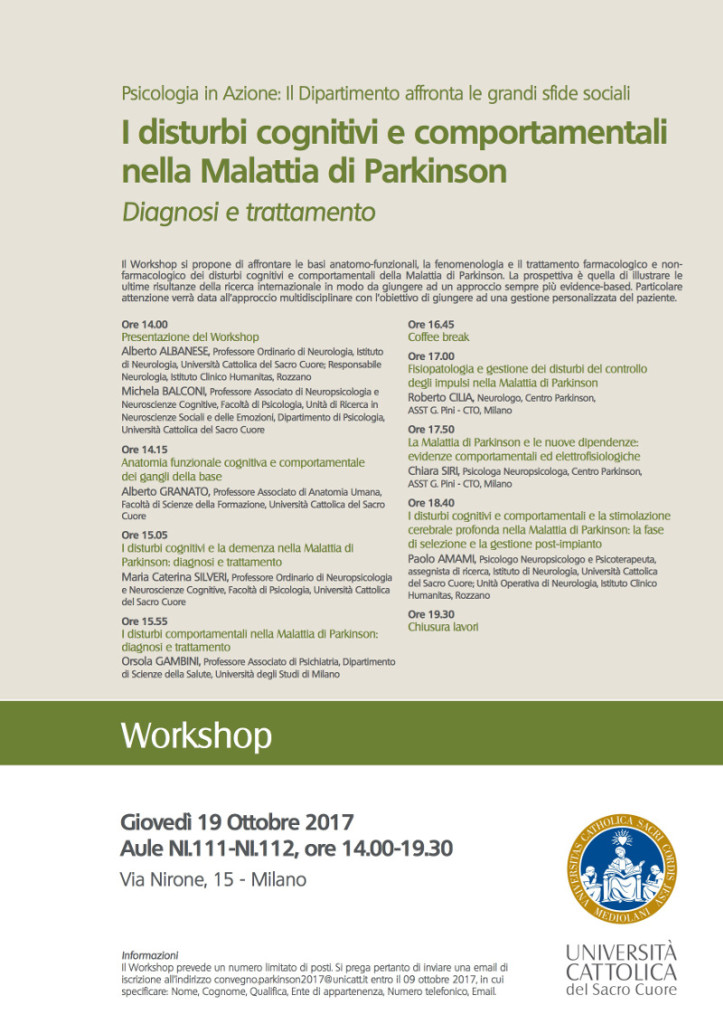 I disturbi cognitivi e comportamentali nella Malattia di Parkinson - Diagnosi e trattamento - Workshop 19 Ottobre - LOCANDINA